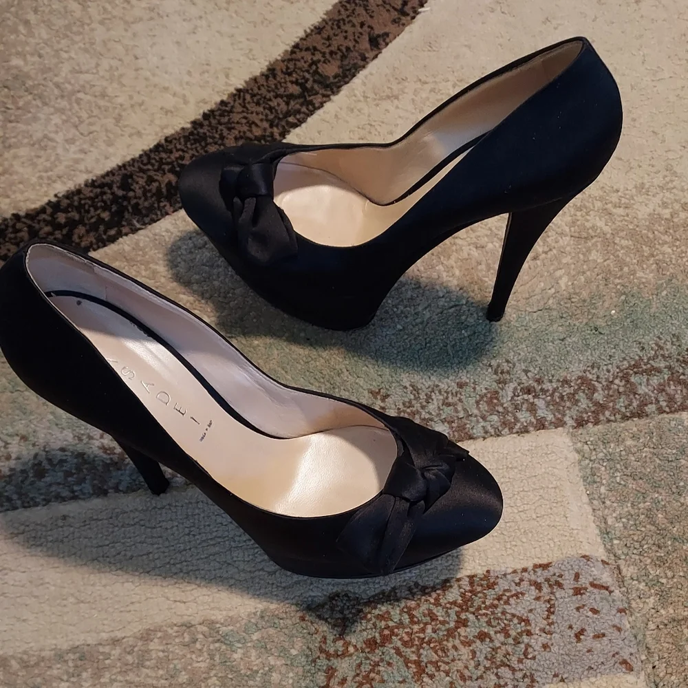 CASADEI Black Satin Platform High Heels With Bow Detailing Sz-10.5